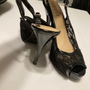 Guess black lace open toe pumps